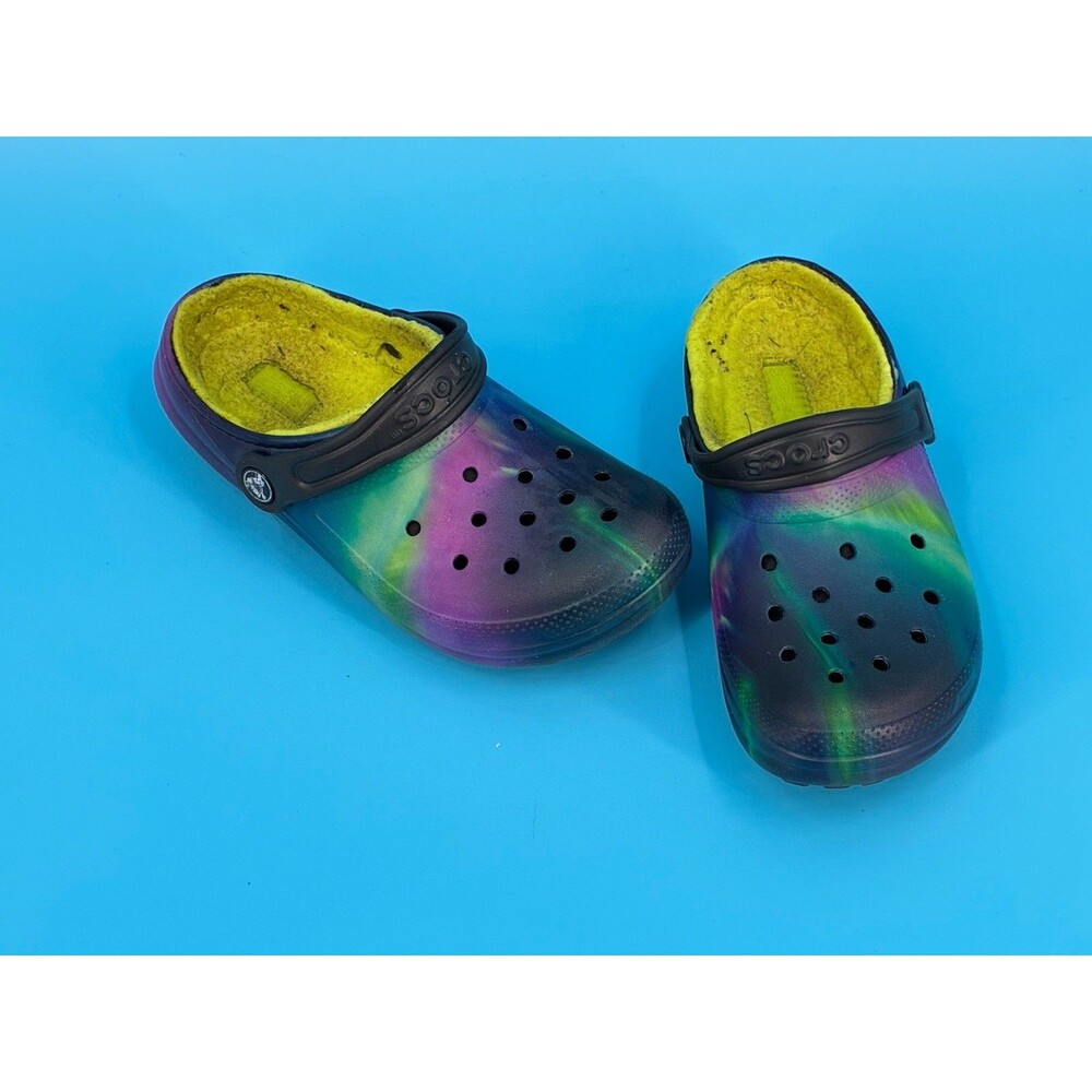 Crocs Classic Lined Clog Kids J2 Multicolor Galaxy Tie Dye Fuzzy Slip On